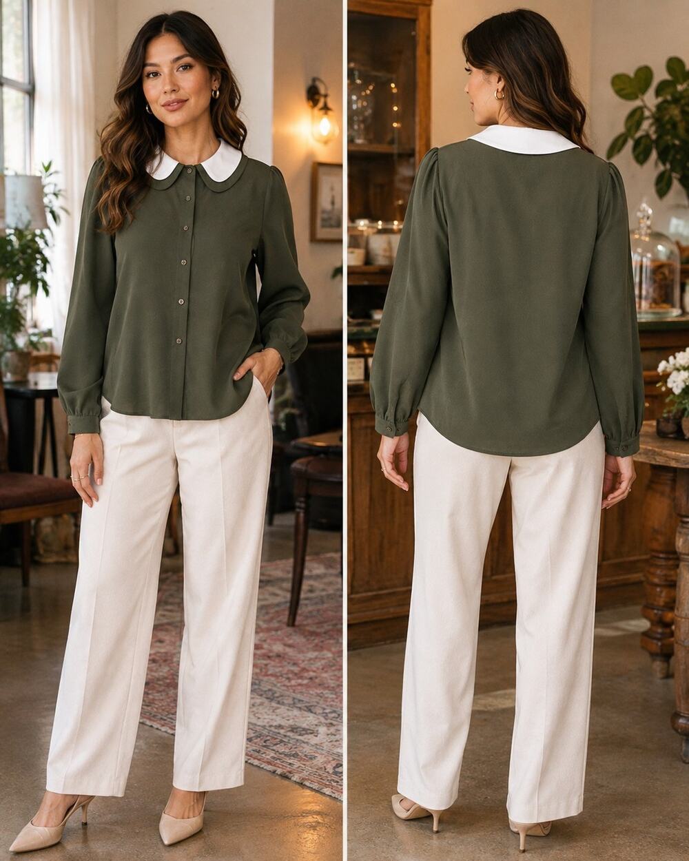 Tulip B Large Army Green Peter Pan Collar Long Sleeve Blouse
